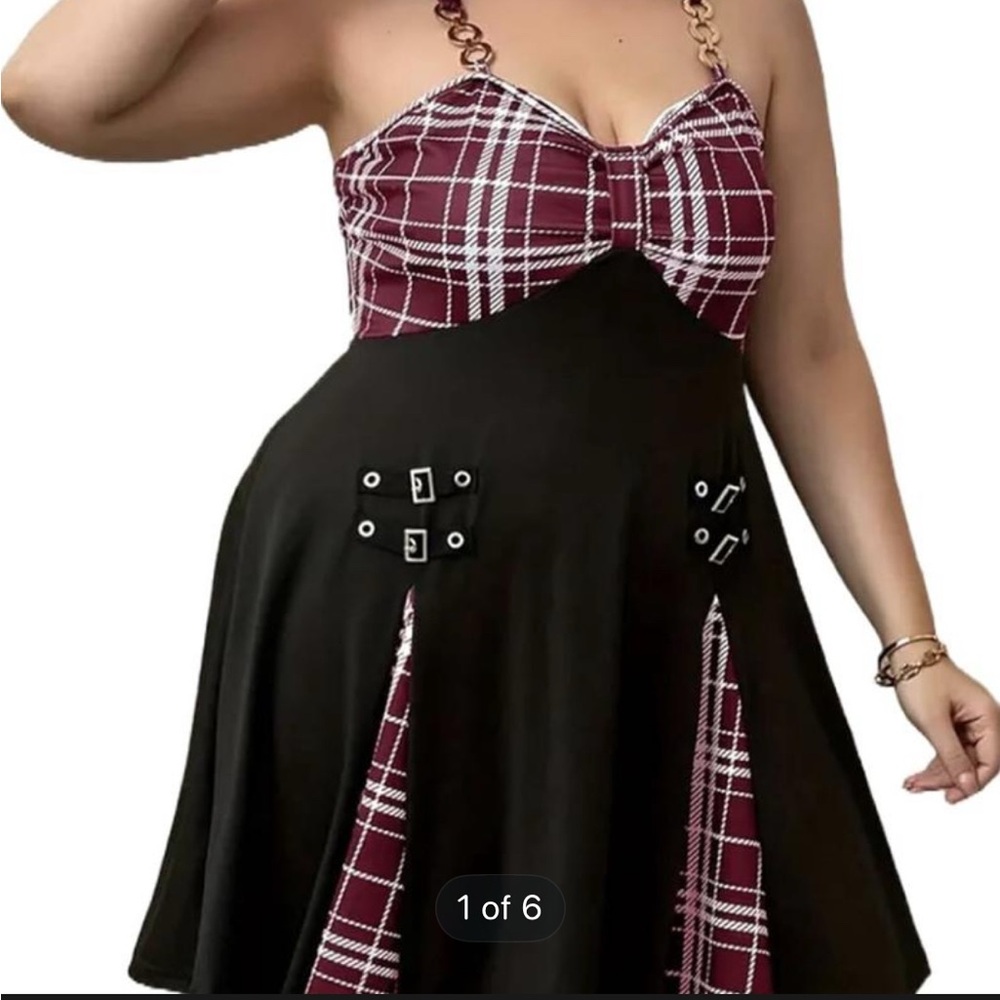 Stylish Plaid and Black Dress with Chain Straps